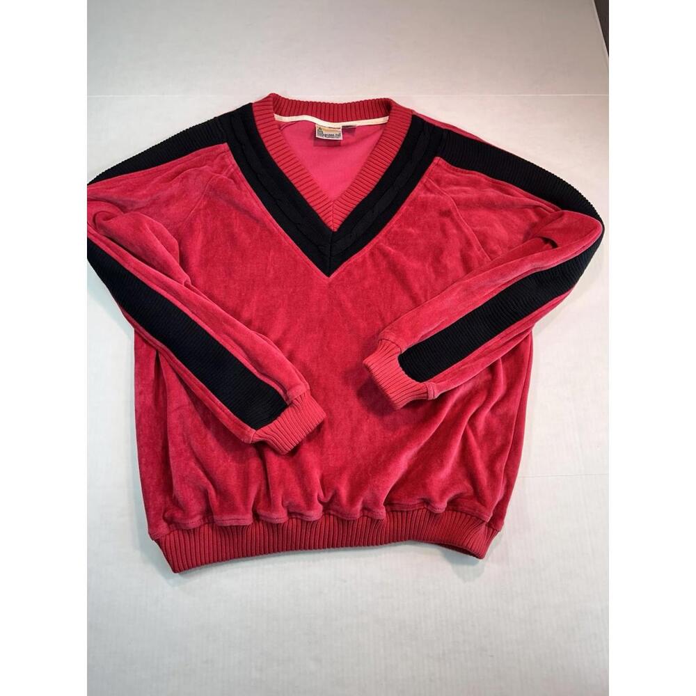 VTG London Fog Sweater Mens XL  Red Velour V-Neck Black Cable Small Blemish